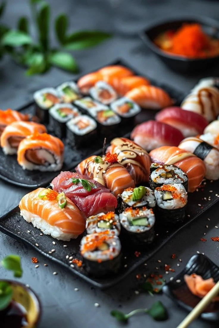 Combinado de sushi variado servido na mesa